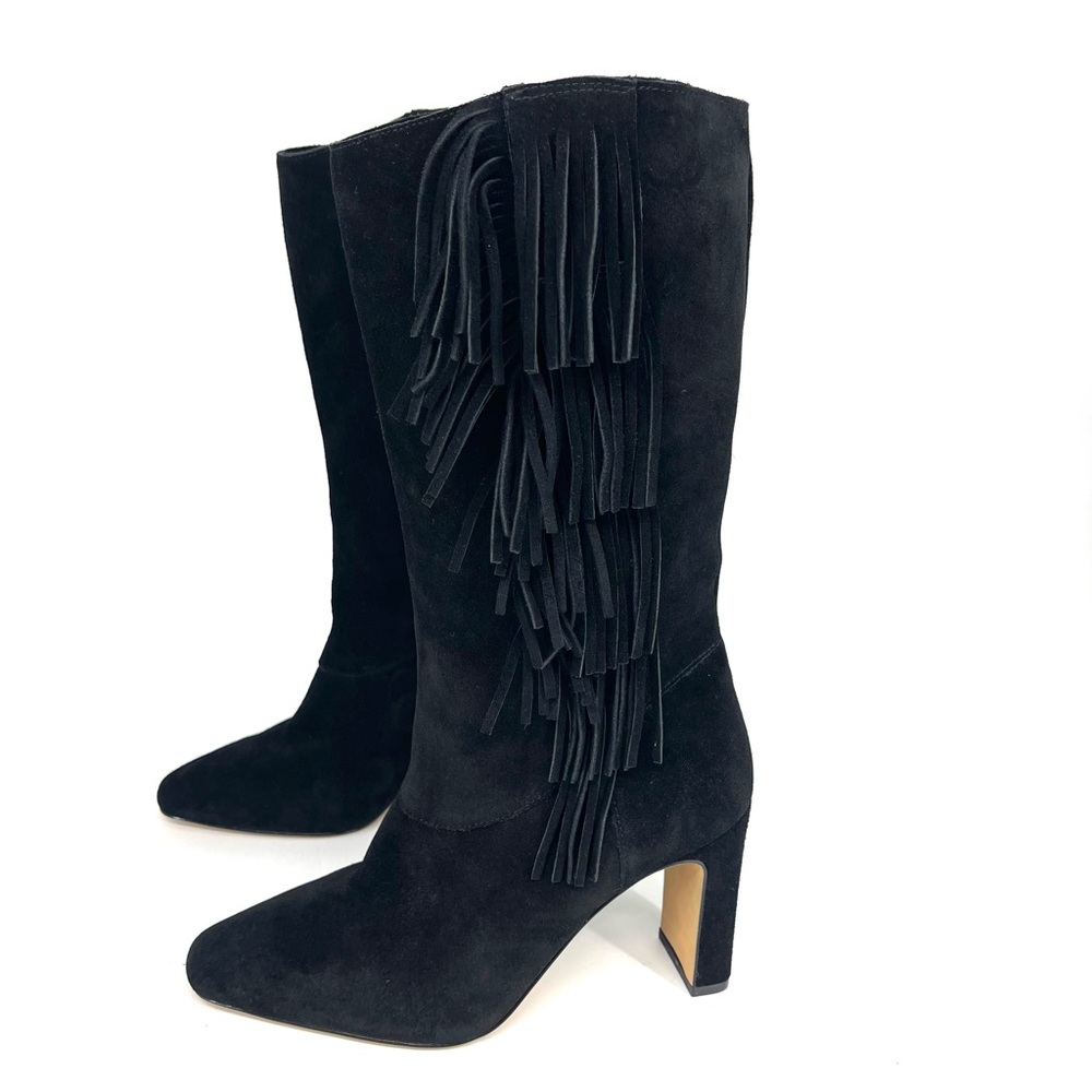 ✨New Black Tassel Fringe Suede Semi Slouchy Heeled Boots 7 Western Boho Festival